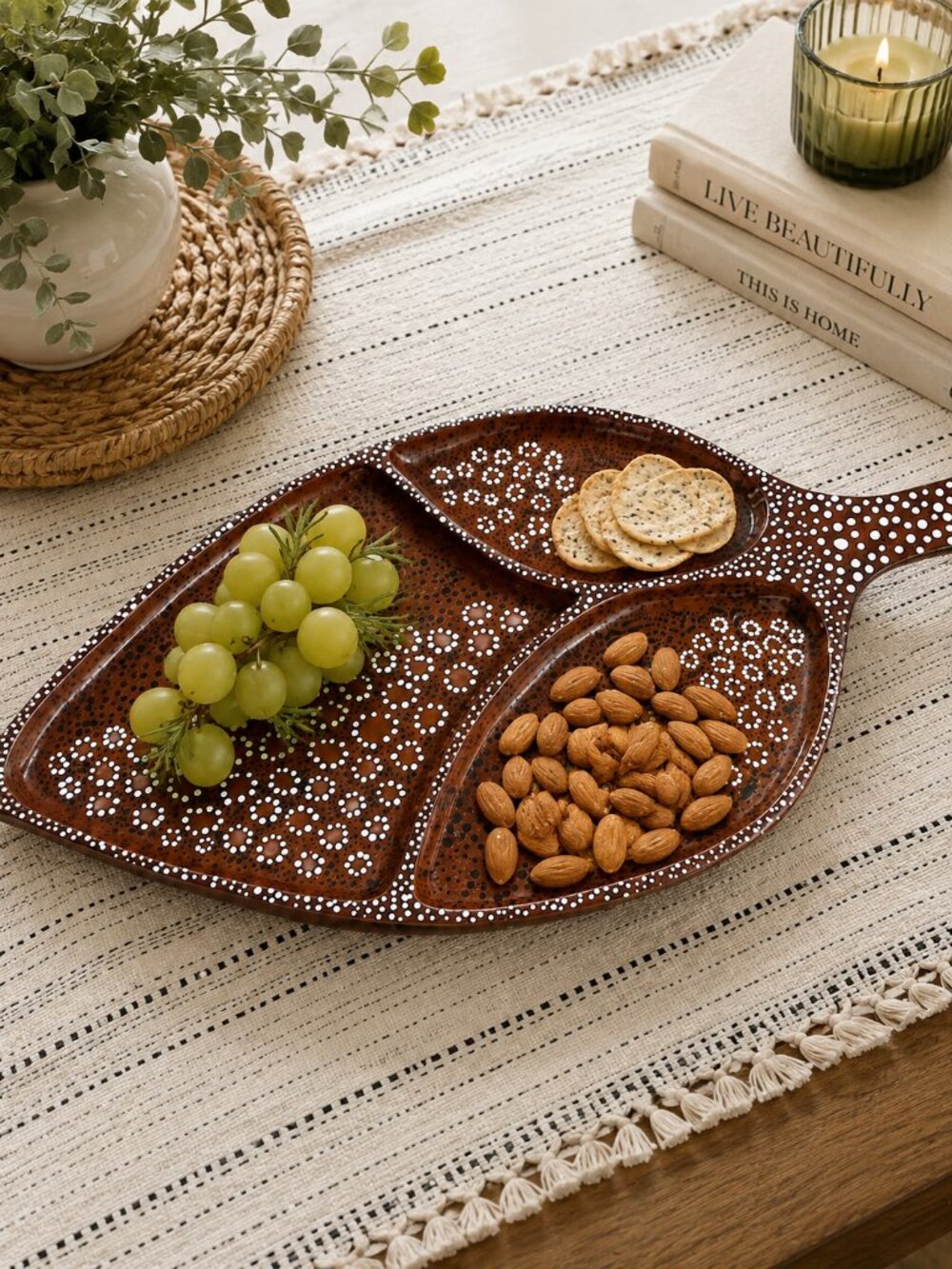 Handmade Leaf Wood Serving Tray 3 Section Divided Platter 18x9.5 Rustic Decor